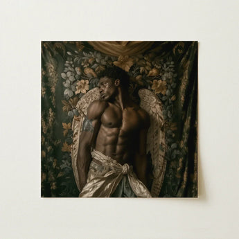 Raziel - Gay Black Angel Art Print / Canvas Square-framed Artwork Muscular Man Wings Draped Metallic, Emerges Prints