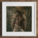 Raziel - Gay Black Angel Art Print / Canvas White Framed Artwork Muscular Man Wings, Emerges Prints