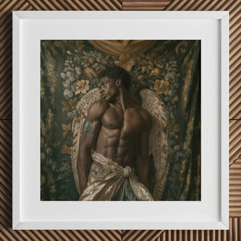 Raziel - Gay Black Angel Art Print / Canvas White Framed Artwork Muscular Man Wings, Emerges Prints