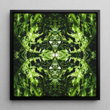 Reach out - Contemporary Botanical Op Art Framed Canvas, 12x12’’ / 31x31cm / Black Floating Frame, Symmetrical Kaleidoscopic Pattern Green