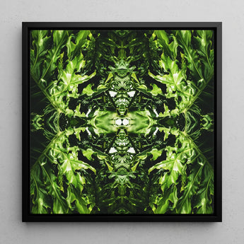 Reach out - Contemporary Botanical Op Art Framed Canvas, 12x12’’ / 31x31cm / Black Floating Frame, Symmetrical Kaleidoscopic Pattern Green