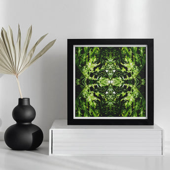 Reach out - Contemporary Botanical Op Art Print / Canvas Framed Abstract Green Artwork Symmetrical Leaf-like Patterns Hypnotic, Alien