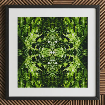 Reach out - Contemporary Botanical Op Art Print / Canvas Framed Symmetrical Kaleidoscopic Pattern Vibrant Green Hypnotic, Alien Emerald
