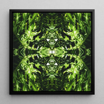 Reach out - Contemporary Botanical Op Art Print / Canvas Square-framed Abstract Symmetrical Kaleidoscopic Pattern Hypnotic, Alien Emerald