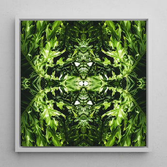Reach out - Contemporary Botanical Op Art Print / Canvas Square-framed Artwork Symmetrical Kaleidoscopic Pattern Vibrant Green Leaves