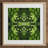 Reach out - Contemporary Botanical Op Art Print / Canvas Square-framed Artwork Symmetrical Kaleidoscopic Pattern Vibrant Green Leaves