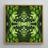 Reach out - Contemporary Botanical Op Art Print / Canvas Square-framed Artwork Symmetrical Kaleidoscopic Pattern Vibrant Green Leaves