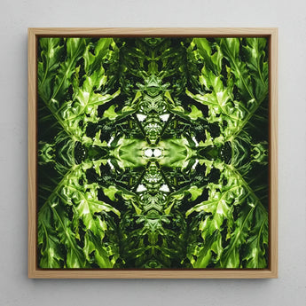 Reach out - Contemporary Botanical Op Art Print / Canvas Square-framed Artwork Symmetrical Kaleidoscopic Pattern Vibrant Green Leaves