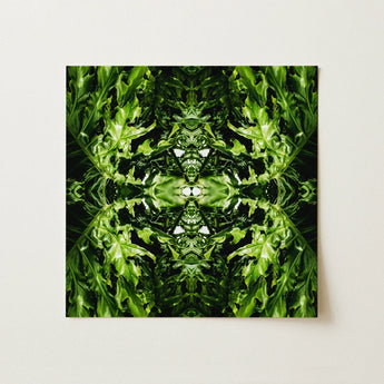 Reach out - Contemporary Botanical Op Art Print / Canvas Square Symmetrical Kaleidoscopic Pattern Vibrant Green Hypnotic, Alien Emerald