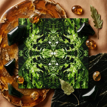 Reach out - Contemporary Botanical Op Art Print / Canvas Square Vibrant Symmetrical Kaleidoscopic Pattern Deep Green Hypnotic, Alien