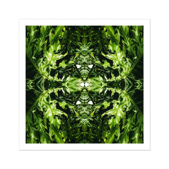 Reach out - Contemporary Botanical Op Art Print / Canvas Symmetrical Kaleidoscopic Pattern Created Mirrored Green Foliage Hypnotic, Alien