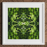 Reach out - Contemporary Botanical Op Art Print / Canvas White-framed Artwork Symmetrical Kaleidoscopic Pattern Vibrant Green Leafy