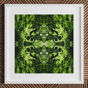 Reach out - Contemporary Botanical Op Art Print / Canvas White-framed Artwork Symmetrical Kaleidoscopic Pattern Vibrant Green Leafy
