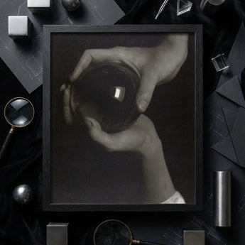 Rebecca Salsbury Strand - Alfred Stieglitz Art Print / Canvas Black-framed Photograph Two Hands Reflective Dark Glass Orb, Crystal Ball
