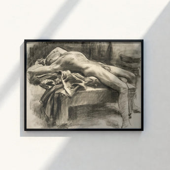 Black-framed Charcoal Sketch Nude Figure John Singer Sargent, Body Tilts, Fallen Ephebe