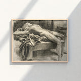 Framed Charcoal Sketch Nude Figure Draped Fabric Rendered John Singer Sargent, Body Tilts, Fallen Ephebe