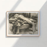 Framed Charcoal Sketch Nude Figure Draped Fabric Rendered John Singer Sargent, Body Tilts, Fallen Ephebe
