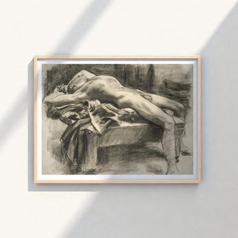 Framed Charcoal Sketch Nude Figure Draped Fabric Rendered John Singer Sargent, Body Tilts, Fallen Ephebe