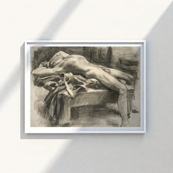 Framed Charcoal Sketch Nude Figure Draped Fabric Rendered John Singer Sargent, Body Tilts, Fallen Ephebe
