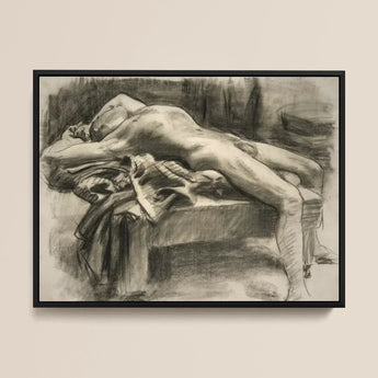 Reclining Male Nude - John Singer Sargent Art Print / Canvas Black-framed Charcoal Sketch Figure, Body Tilts, Fallen Ephebe Prints