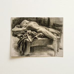 Reclining Male Nude - John Singer Sargent Art Print / Canvas Charcoal Sketch Figure Draped Surface Rendered Monochrome, Body Tilts, Fallen
