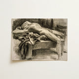 Reclining Male Nude - John Singer Sargent Art Print / Canvas Charcoal Sketch Figure Draped Surface Rendered Monochrome, Body Tilts, Fallen