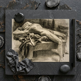 Reclining Male Nude - John Singer Sargent Art Print / Canvas Detailed Charcoal Sketch Nude Figure Textured Paper Framed John Singer