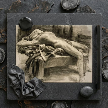 Reclining Male Nude - John Singer Sargent Art Print / Canvas Detailed Charcoal Sketch Figure Textured Paper Framed, Body Tilts, Fallen