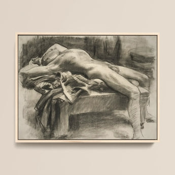 Reclining Male Nude - John Singer Sargent Art Print / Canvas Framed Charcoal Sketch Figure Draped Surface Rendered, Body Tilts, Fallen