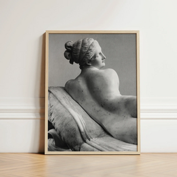 Framed Black-and-white Photograph Classical Marble Sculpture Nude Female Young Naiad Reclines, Half-turned, Profile Catching Pale,