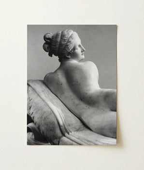 Black-and-white Photograph Classical Marble Sculpture Nude Female Figure Young Naiad Reclines, Half-turned, Profile Catching Pale,