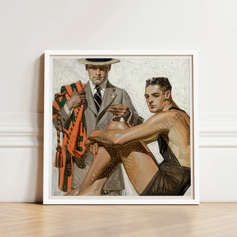 Framed Painting White Frame Two Men Dressed Gray Cool Summer Comfort, Record Time, Tailoring Meets Leisure, Joseph Christian Leyendecker,