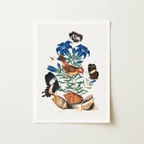 Red Avadavat Gentian Sawfly Swallowtail and Shells - James Bolton Art Print / Canvas Framed Botanical Illustration Vibrant Blue Lilies