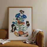 Red Avadavat Gentian Sawfly Swallowtail and Shells - James Bolton Art Print / Canvas Framed Botanical Illustration Vibrant Blue Lilies