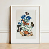 Red Avadavat Gentian Sawfly Swallowtail and Shells - James Bolton Art Print / Canvas Framed Botanical Illustration Vibrant Orange Bird