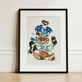Red Avadavat Gentian Sawfly Swallowtail and Shells - James Bolton Art Print / Canvas Framed Botanical Illustration Vibrant Orange Bird