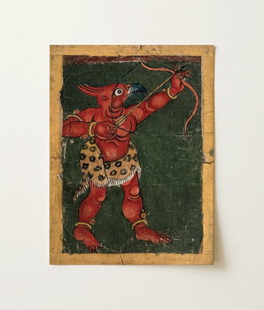 Vibrant Red Horned Archer Figure Blue Beak Leopard-print Tibetan Tsakli, Head Shooting Arrow, Card, Demon, Parrot’s