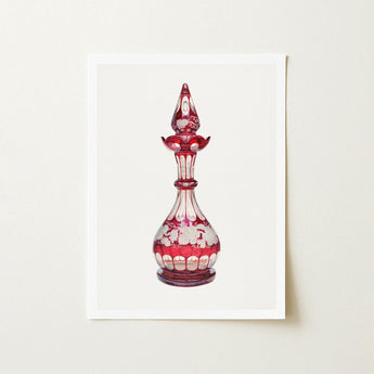 Red Glass Decanter - Frank M. Keane Decorative Art Print / Canvas Perfume Bottle Intricate White Floral Etchings Glassware, Prints