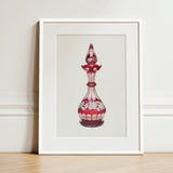 Red Glass Decanter - Frank M. Keane Decorative Art Print / Canvas Framed Illustration Perfume Bottle Intricate White Glassware, Prints