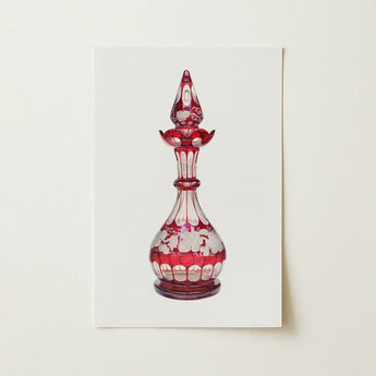 Red Glass Decanter - Frank M. Keane Decorative Art Print / Canvas Red Glass Perfume Bottle Intricate White Floral Etchings Keane Decorative