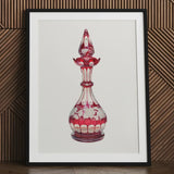 Red Glass Decanter - Frank M. Keane Decorative Art Print / Canvas Perfume Bottle Intricate White Floral Etchings Glassware, Prints