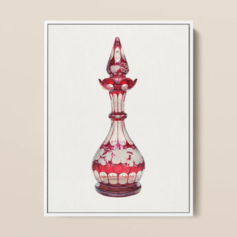 Red Glass Decanter - Frank M. Keane Decorative Art Print / Canvas Red Glass Perfume Bottle Intricate White Floral Etchings Keane Decorative