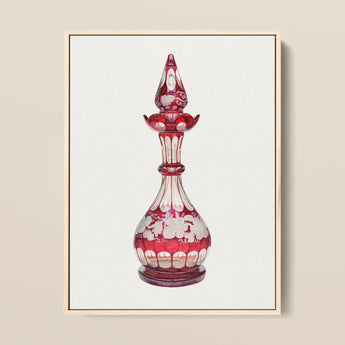 Red Glass Decanter - Frank M. Keane Decorative Art Print / Canvas Red Glass Perfume Bottle Intricate White Floral Etchings Keane Decorative