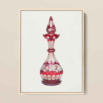 Red Glass Decanter - Frank M. Keane Decorative Art Print / Canvas Perfume Bottle Intricate White Floral Etchings Glassware, Prints
