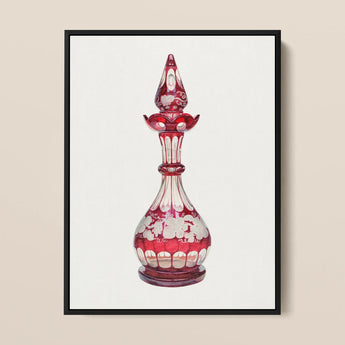 Red Glass Decanter - Frank M. Keane Decorative Art Print / Canvas Red Glass Perfume Bottle Intricate White Floral Etchings Keane Decorative