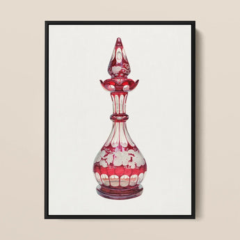 Red Glass Decanter - Frank M. Keane Decorative Art Print / Canvas Perfume Bottle Intricate White Floral Etchings Glassware, Prints