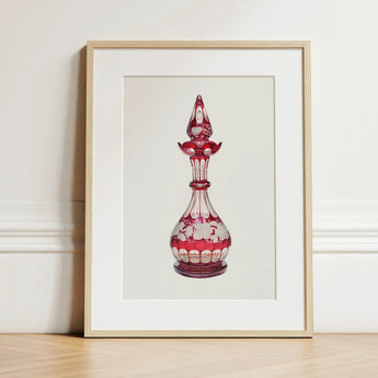 Red Glass Decanter - Frank M. Keane Decorative Art Print / Canvas Perfume Bottle Intricate White Floral Etchings Glassware, Prints