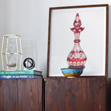 Red Glass Decanter - Frank M. Keane Decorative Art Print, Framed Artwork Ornate Red White Glass Decanter Atop