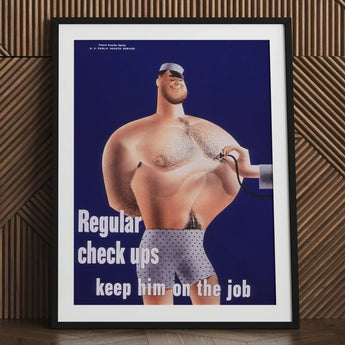 Regular Check-ups Keep Him on the Job Art Print / Canvas Framed Poster Cartoon Man Polka-dot Underwear Examined Stethoscope Check Ups,