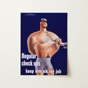 Regular Check-ups Keep Him on the Job Art Print / Canvas Vintage-style Health Awareness Poster Cartoon Man Muscular Build Check Ups,